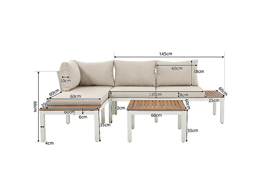 Salon de jardin multifonctionnel en Acier galvanisé et décoré de Bois d'Acacia - 4 places - canapé d'angle et 1 table basse - Beige