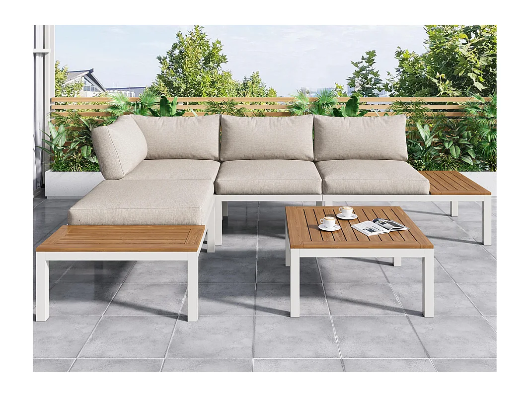 Salon de jardin multifonctionnel en Acier galvanisé et décoré de Bois d'Acacia - 4 places - canapé d'angle et 1 table basse - Beige