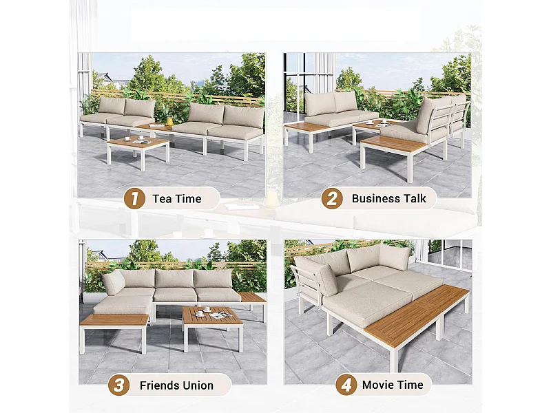 Salon de jardin multifonctionnel en Acier galvanisé et décoré de Bois d'Acacia - 4 places - canapé d'angle et 1 table basse - Beige