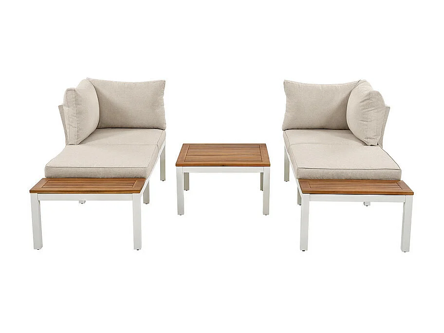 Salon de jardin multifonctionnel en Acier galvanisé et décoré de Bois d'Acacia - 4 places - canapé d'angle et 1 table basse - Beige