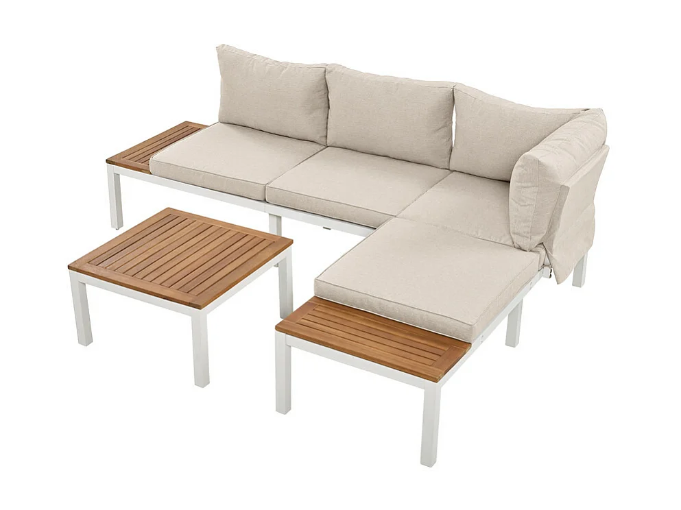 Salon de jardin multifonctionnel en Acier galvanisé et décoré de Bois d'Acacia - 4 places - canapé d'angle et 1 table basse - Beige