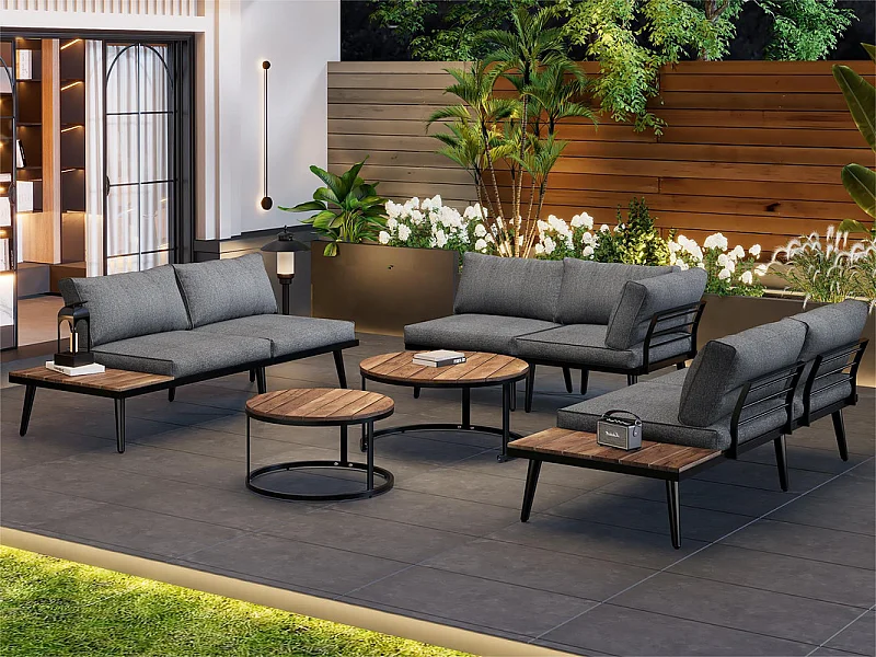 Mobiliario de jardín modular en hierro galvanizado y madera de acacia - 6 plazas - 2 mesas nido - Gris