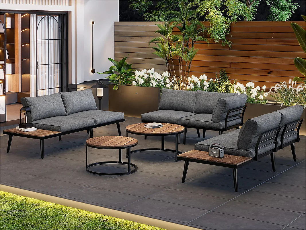 Salon de jardin modulable en fer galvanisé et bois d'acacia - 6 places - 2 tables gigognes - Gris