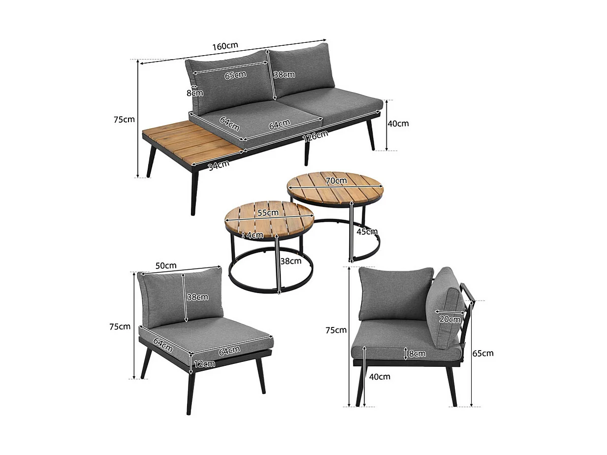 Salon de jardin modulable en fer galvanisé et bois d'acacia - 6 places - 2 tables gigognes - Gris