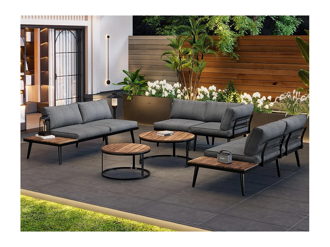 Salon de jardin modulable en fer galvanisé et bois d'acacia - 6 places - 2 tables gigognes - Gris