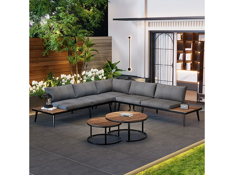 Salon de jardin modulable en fer galvanisé et bois d'acacia - 6 places - 2 tables gigognes - Gris