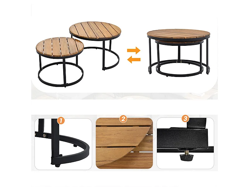 Salon de jardin modulable en fer galvanisé et bois d'acacia - 6 places - 2 tables gigognes - Gris