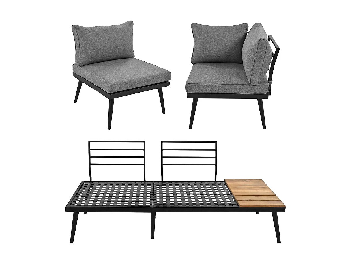 Salon de jardin modulable en fer galvanisé et bois d'acacia - 6 places - 2 tables gigognes - Gris