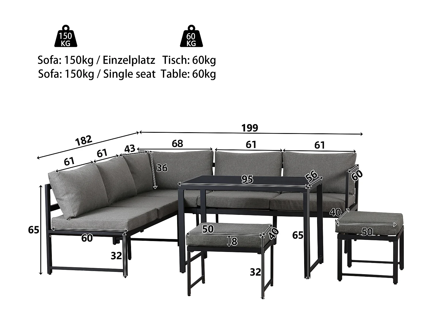 Salon de jardin modulable en Aluminium 7 places - un siège inclinable réglable - 2 canapés、2 tabourets et 1 table - Gris