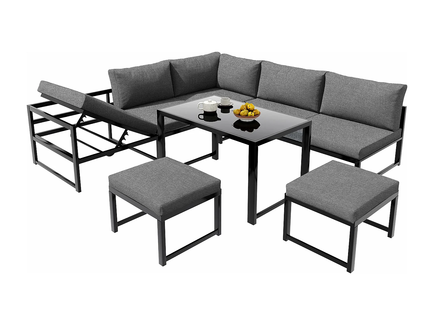 Salon de jardin modulable en Aluminium 7 places - un siège inclinable réglable - 2 canapés、2 tabourets et 1 table - Gris