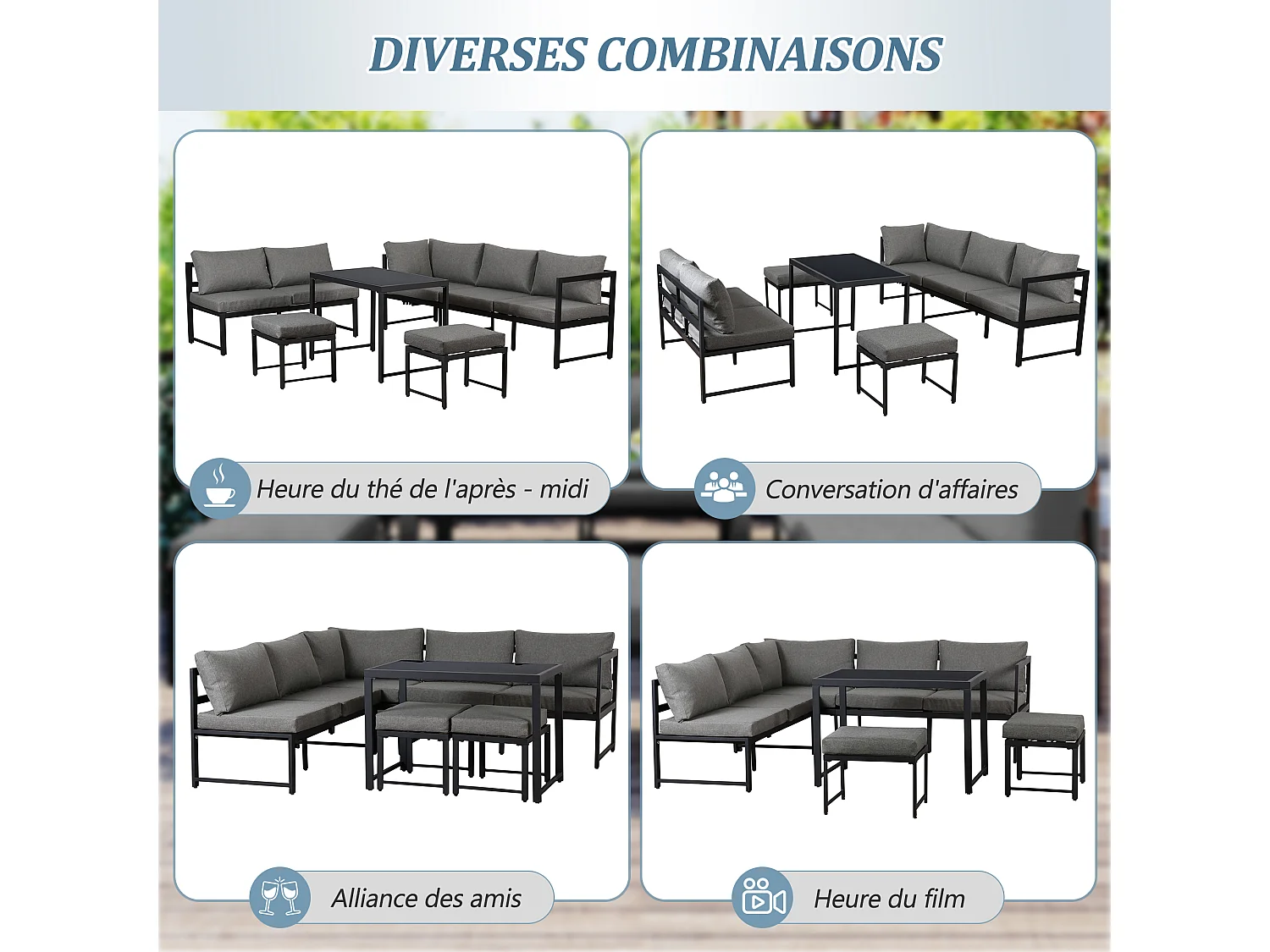 Salon de jardin modulable en Aluminium 7 places - un siège inclinable réglable - 2 canapés、2 tabourets et 1 table - Gris