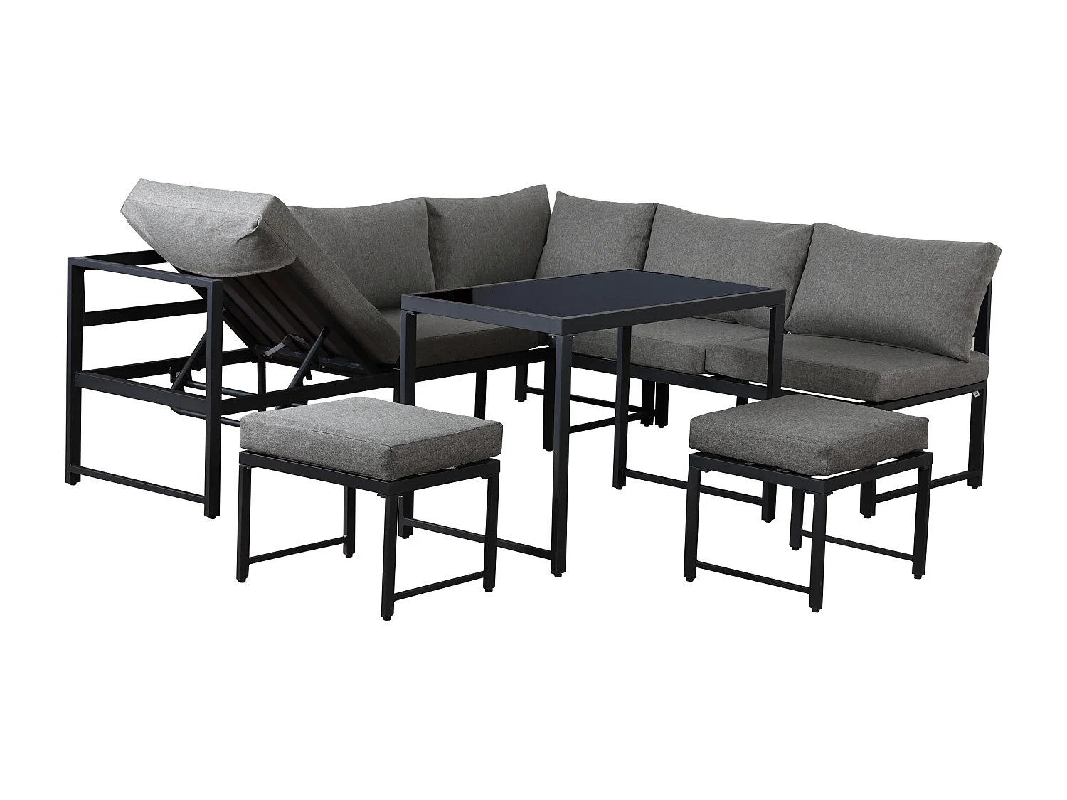 Salon de jardin modulable en Aluminium 7 places - un siège inclinable réglable - 2 canapés、2 tabourets et 1 table - Gris