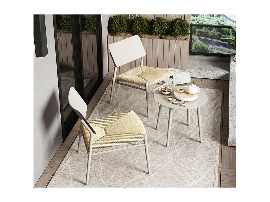 Set mit 2 Gartensesseln aus Aluminium – mit Couchtisch – PE-Rattanmatte – Weiß