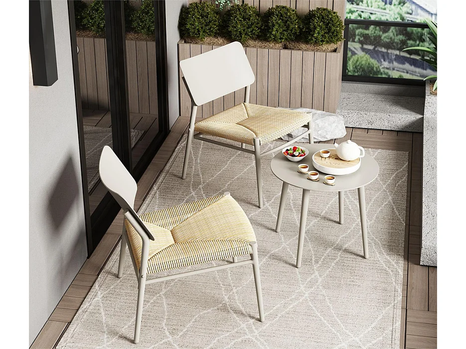 Lot de 2 fauteuils de jardin en aluminium - avec une table basse - tapis en rotin PE - Blanc