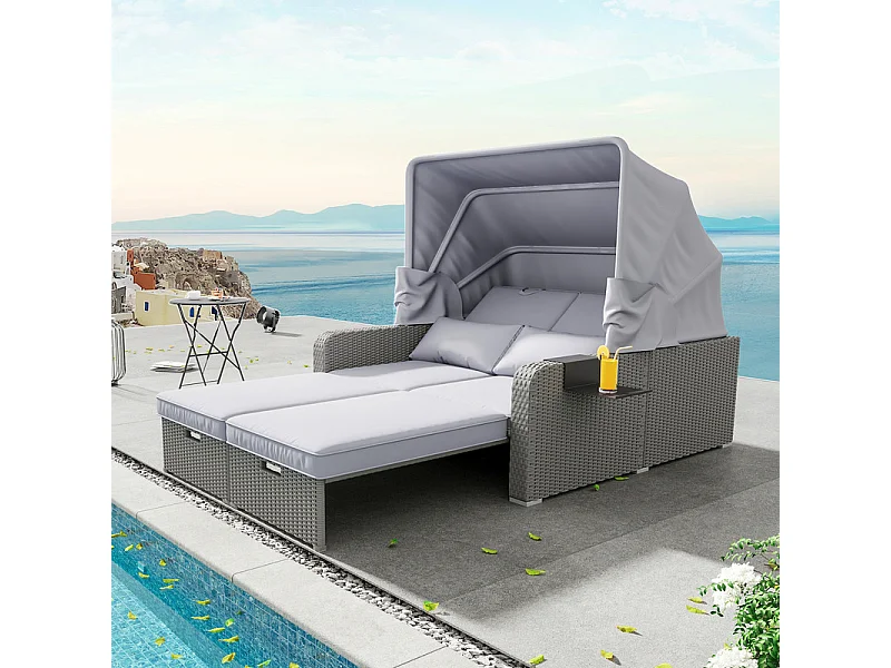 Salon de jardin extensible - Canapé lounge en rotin PE avec auvent réglable - structure en acier - Gris