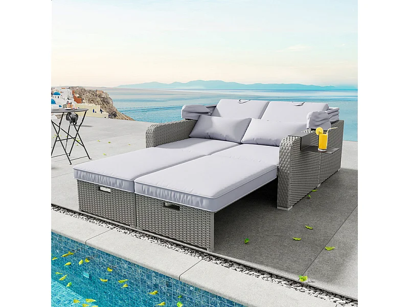 Salon de jardin extensible - Canapé lounge en rotin PE avec auvent réglable - structure en acier - Gris