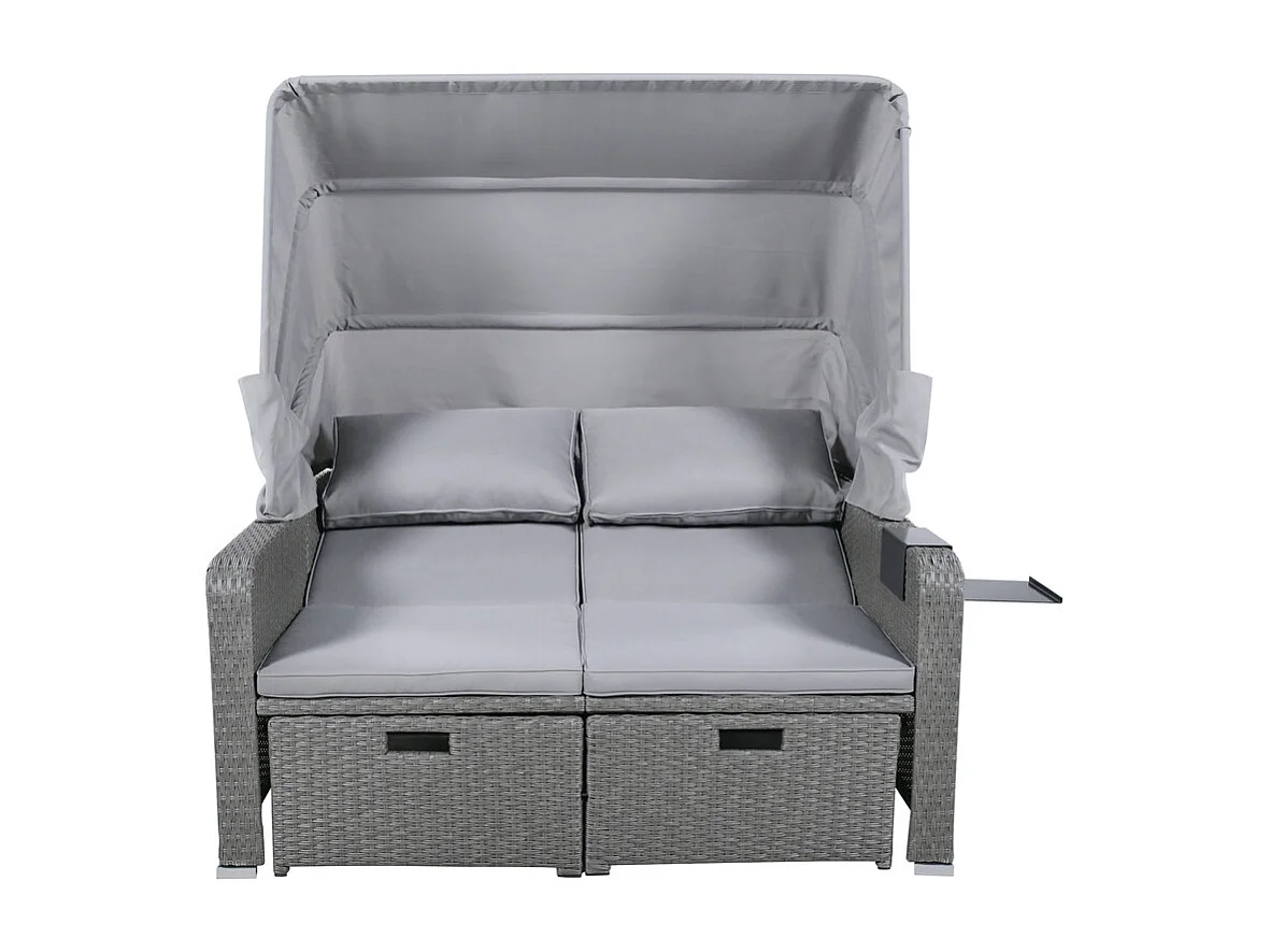 Salon de jardin extensible - Canapé lounge en rotin PE avec auvent réglable - structure en acier - Gris