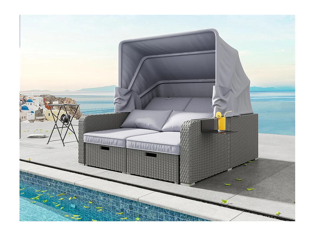 Mobiliario de jardín extensible - Sofá lounge de ratán PE con dosel ajustable - estructura de acero - Gris