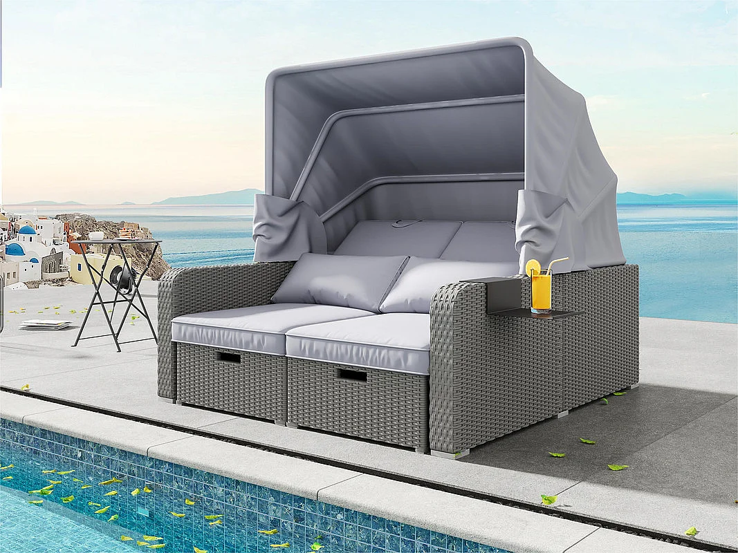 Salon de jardin extensible - Canapé lounge en rotin PE avec auvent réglable - structure en acier - Gris