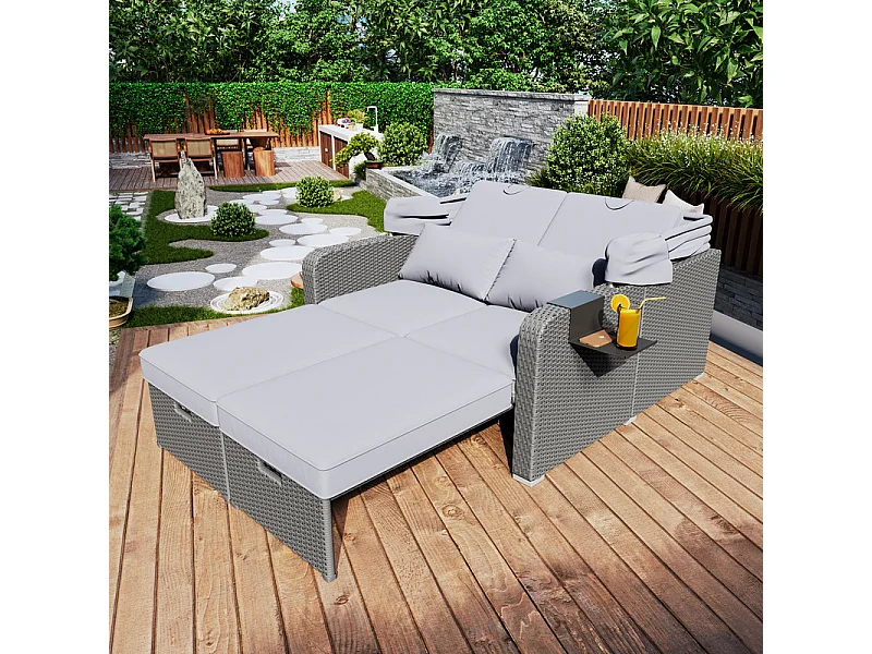 Salon de jardin extensible - Canapé lounge en rotin PE avec auvent réglable - structure en acier - Gris