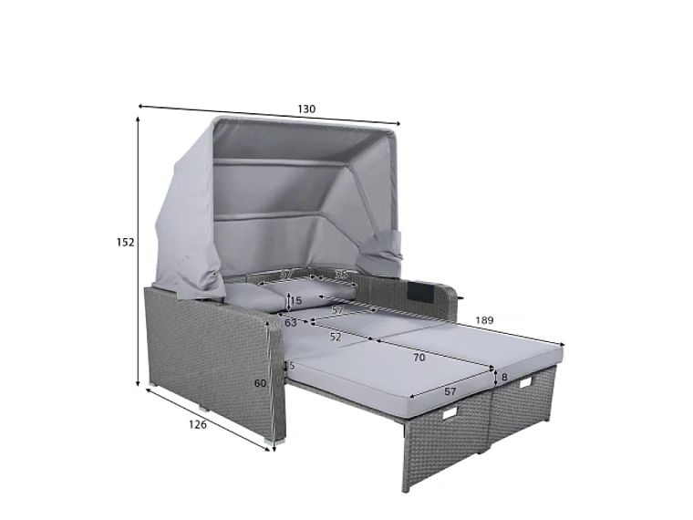 Salon de jardin extensible - Canapé lounge en rotin PE avec auvent réglable - structure en acier - Gris