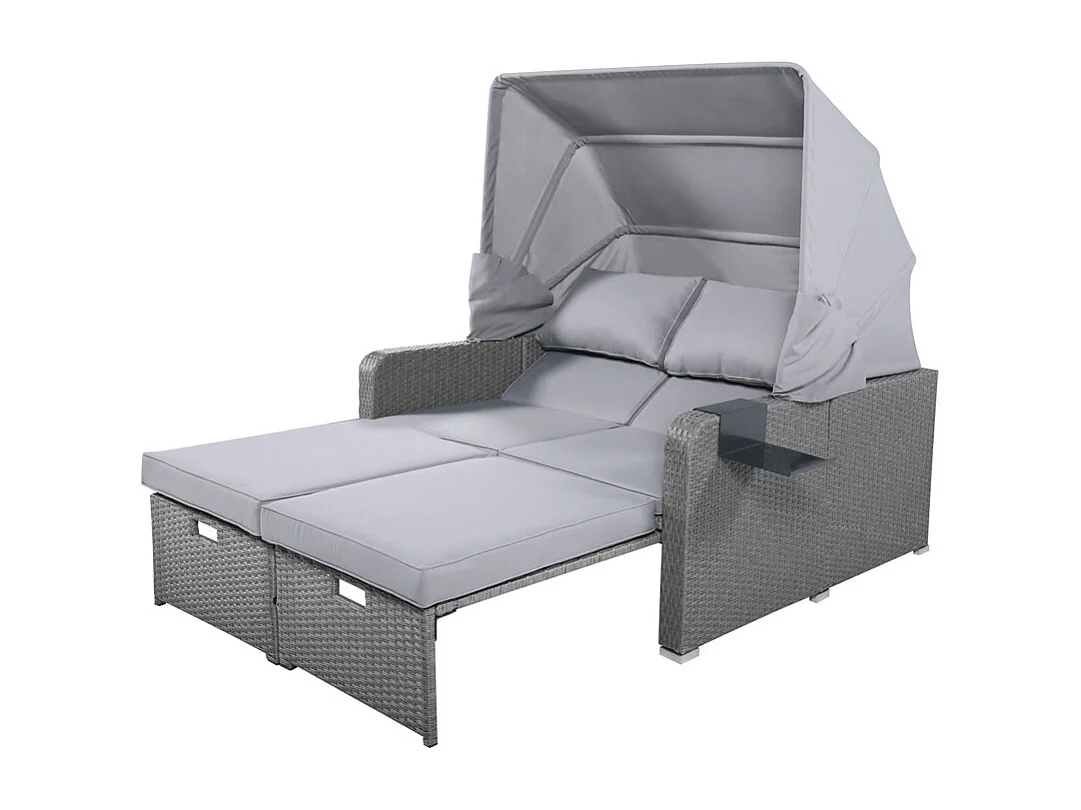 Salon de jardin extensible - Canapé lounge en rotin PE avec auvent réglable - structure en acier - Gris