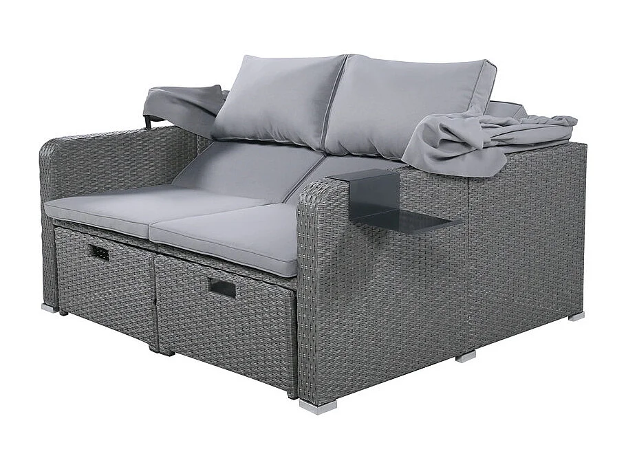 Salon de jardin extensible - Canapé lounge en rotin PE avec auvent réglable - structure en acier - Gris