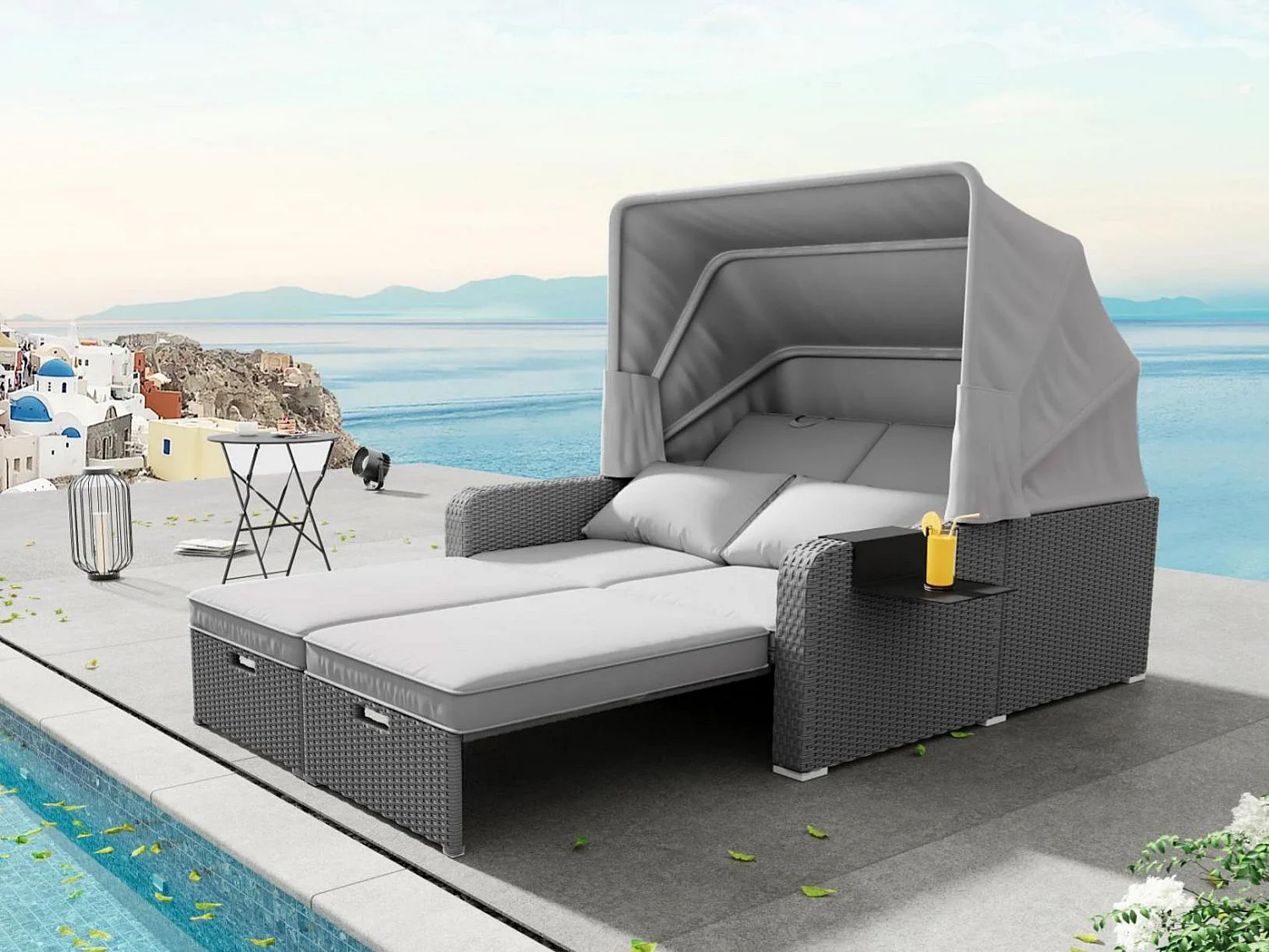 Salon de jardin extensible - Canapé lounge en rotin PE avec auvent réglable - structure en acier - Gris