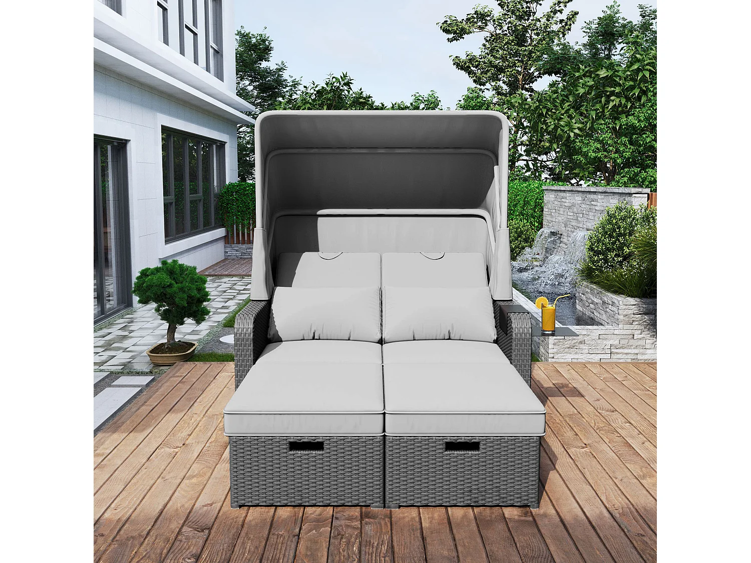 Salon de jardin extensible - Canapé lounge en rotin PE avec auvent réglable - structure en acier - Gris