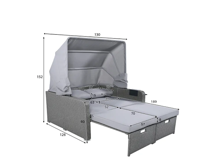 Salon de jardin extensible - Canapé lounge en rotin PE avec auvent réglable - structure en acier - Gris