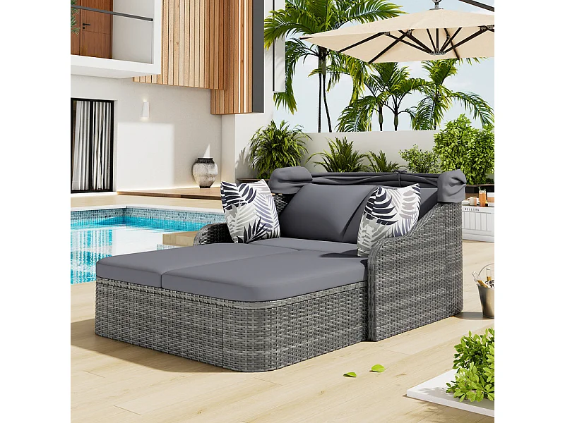 Gartenmöbel für 2 Personen – PE-Rattan-Loungesofa mit 4 Kissen und verstellbarem Baldachin – Grau