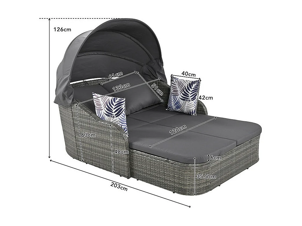 Gartenmöbel für 2 Personen – PE-Rattan-Loungesofa mit 4 Kissen und verstellbarem Baldachin – Grau