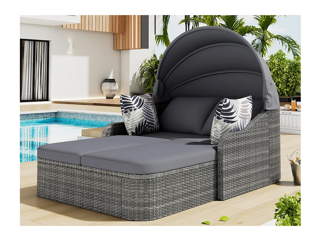 Salon de jardin pour 2 personnes - Canapé lounge en rotin PE avec 4 oreillers et auvent réglable - Gris