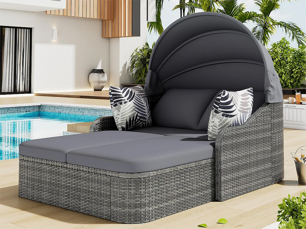 Gartenmöbel für 2 Personen – PE-Rattan-Loungesofa mit 4 Kissen und verstellbarem Baldachin – Grau