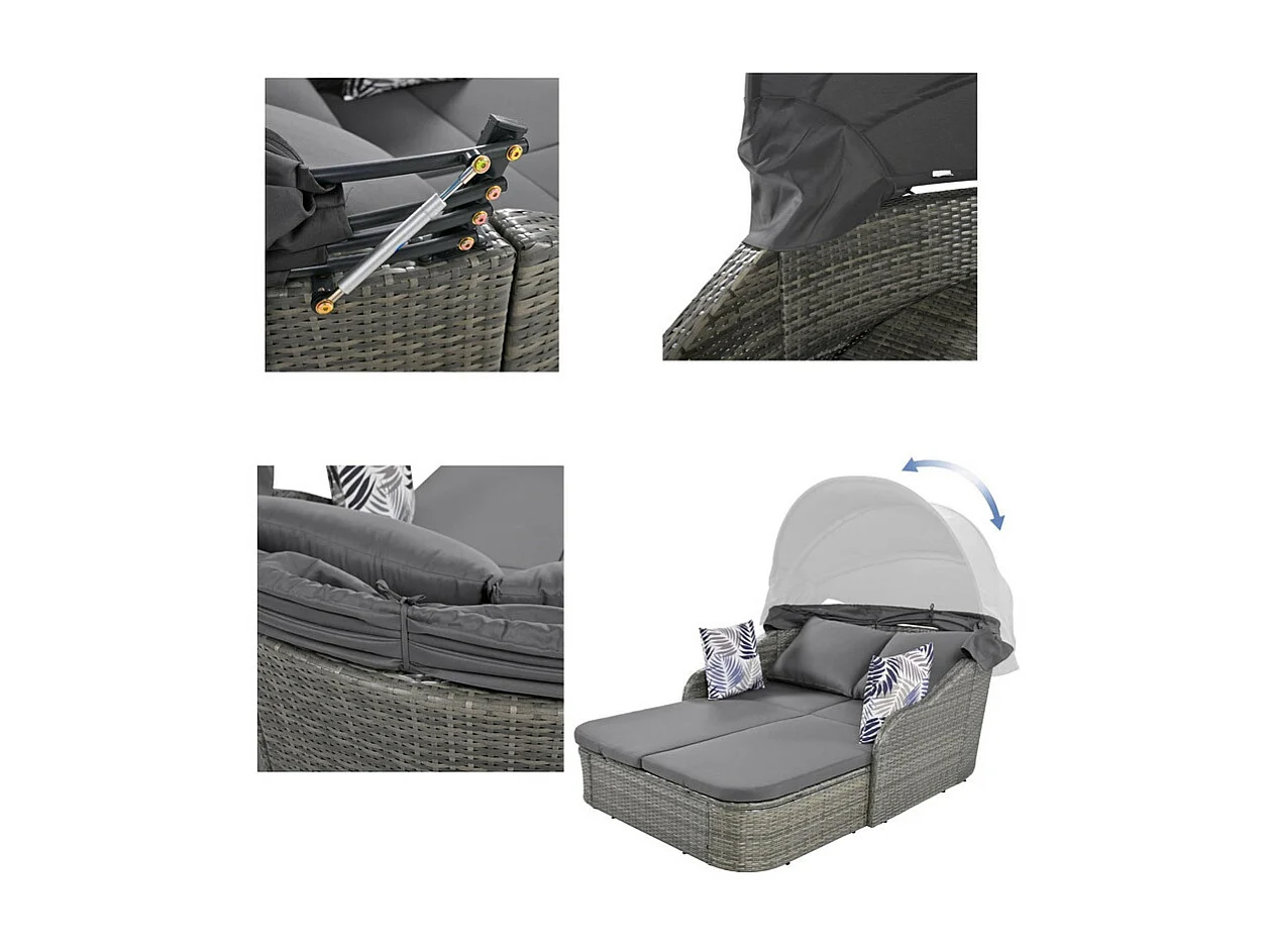 Gartenmöbel für 2 Personen – PE-Rattan-Loungesofa mit 4 Kissen und verstellbarem Baldachin – Grau
