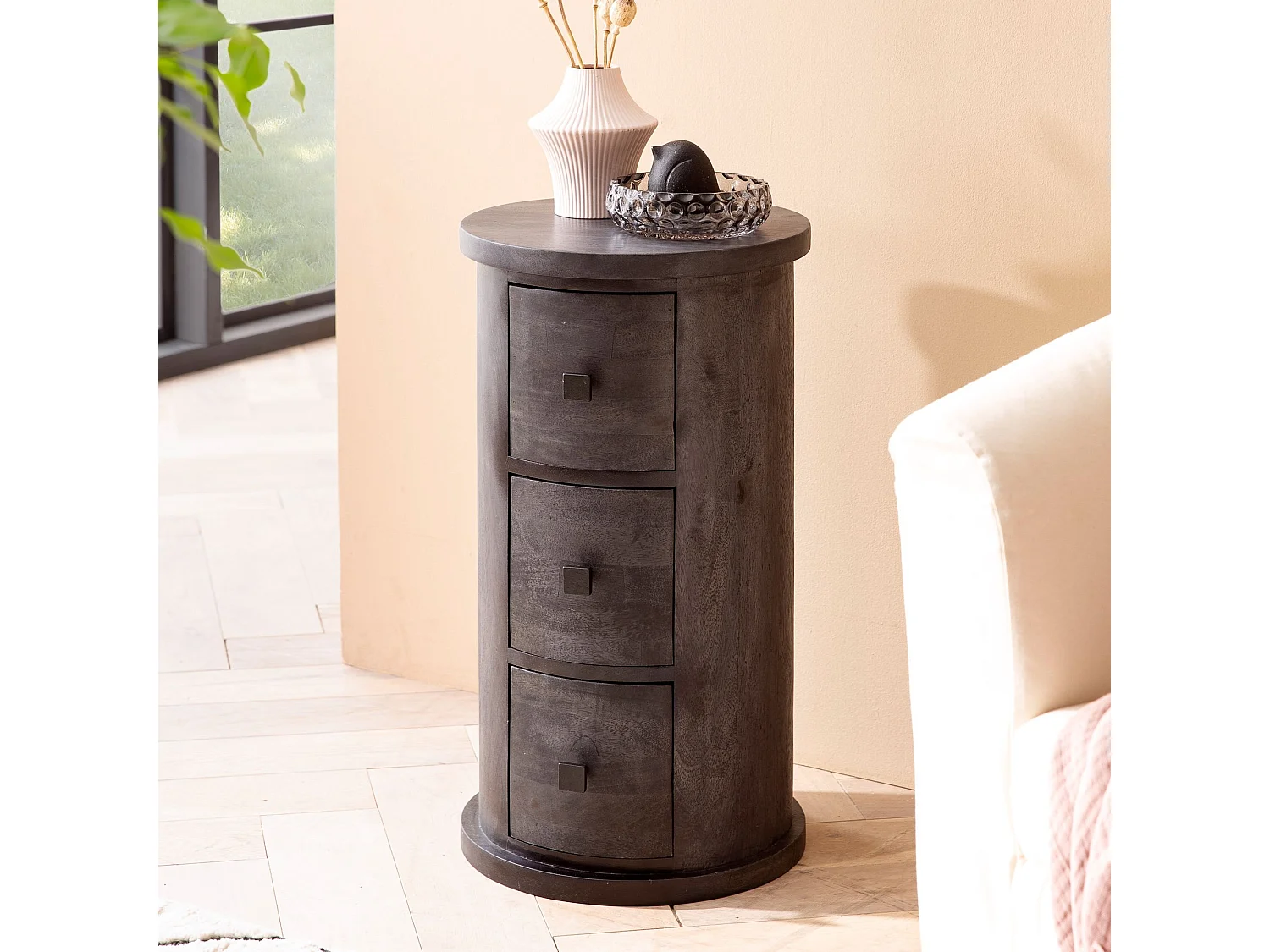 Buffet Ronde Commode Mango Bois Massif avec Tiroirs Moderne Chambre