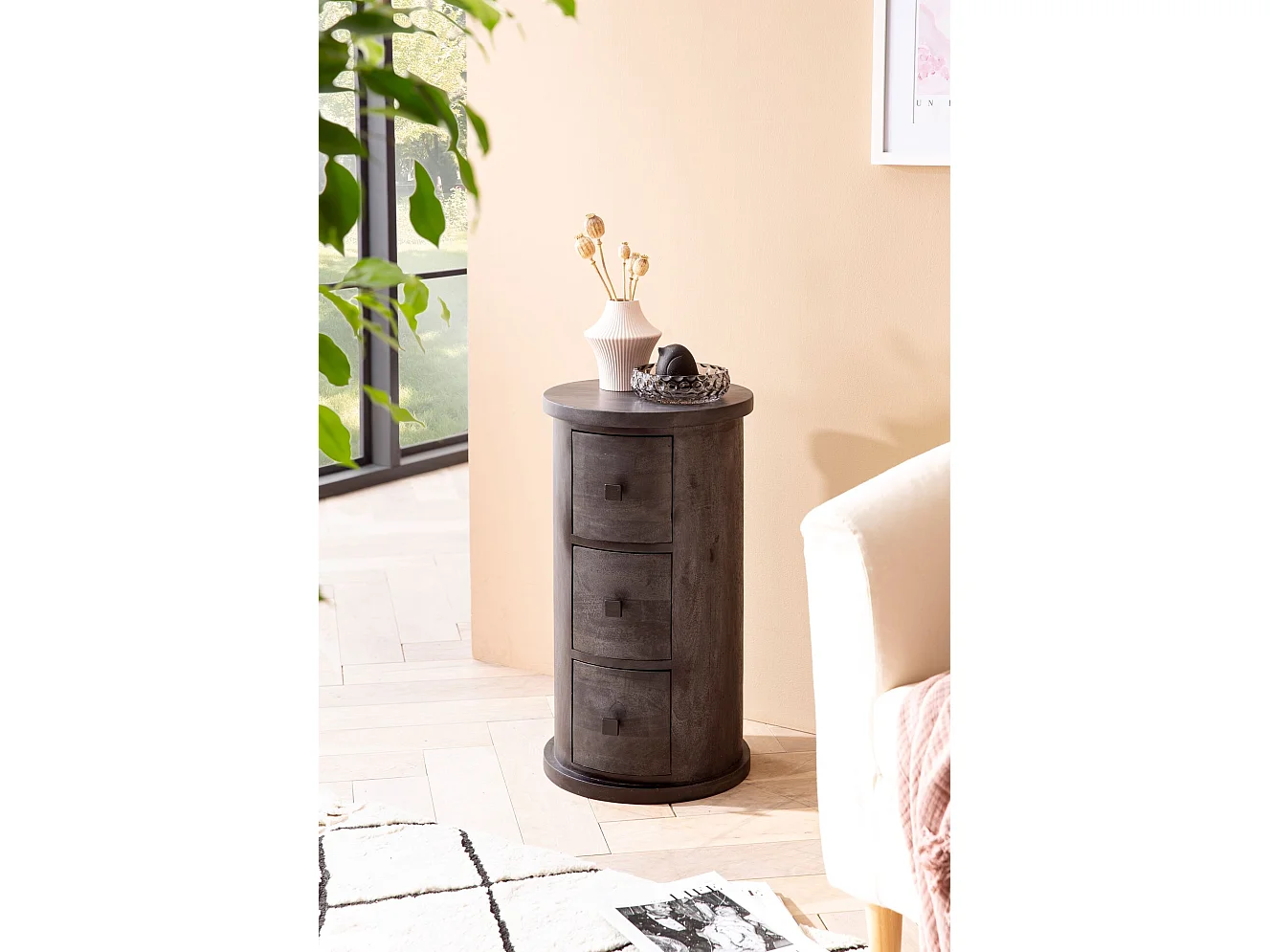 Buffet Ronde Commode Mango Bois Massif avec Tiroirs Moderne Chambre