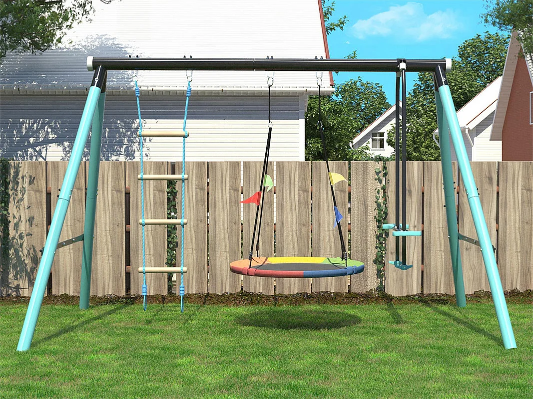 Jeux plein air cadre en métal - balançoire réglable en hauteur et échelle d'escalade - convient aux enfants à partir de 3 ans - Bleu