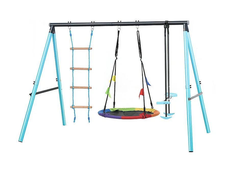 Jeux plein air cadre en métal - balançoire réglable en hauteur et échelle d'escalade - convient aux enfants à partir de 3 ans - Bleu