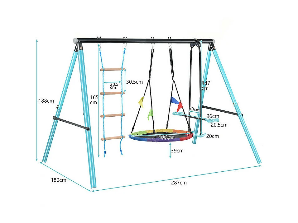 Jeux plein air cadre en métal - balançoire réglable en hauteur et échelle d'escalade - convient aux enfants à partir de 3 ans - Bleu