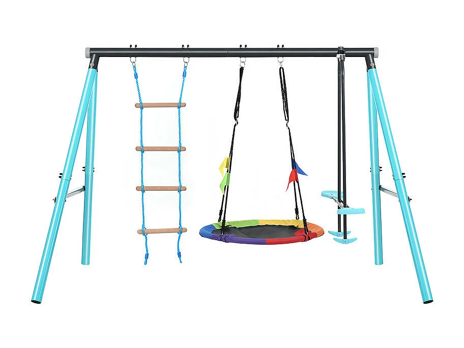 Jeux plein air cadre en métal - balançoire réglable en hauteur et échelle d'escalade - convient aux enfants à partir de 3 ans - Bleu