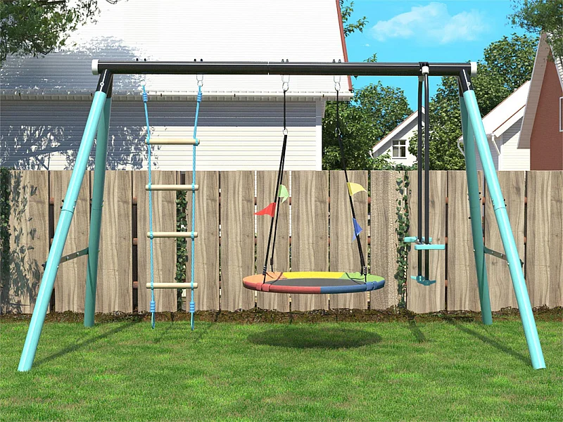 Jeux plein air cadre en métal - balançoire réglable en hauteur et échelle d'escalade - convient aux enfants à partir de 3 ans - Bleu