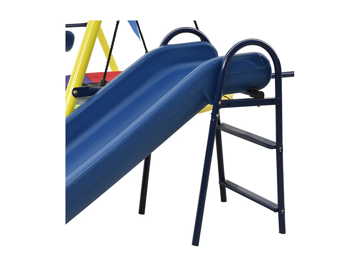 Jeux plein air cadre en métal - 2 balançoires réglable en hauteur、panier de basket-ball et toboggan - convient aux enfants à partir de 3 ans - Jaune