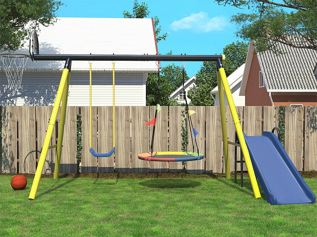 Jeux plein air cadre en métal - 2 balançoires réglable en hauteur、panier de basket-ball et toboggan - convient aux enfants à partir de 3 ans - Jaune