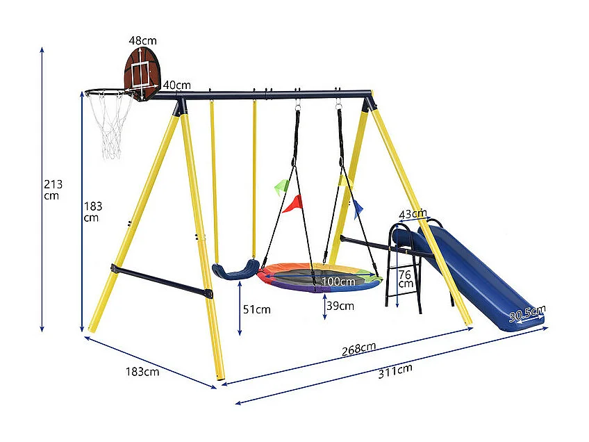 Jeux plein air cadre en métal - 2 balançoires réglable en hauteur、panier de basket-ball et toboggan - convient aux enfants à partir de 3 ans - Jaune