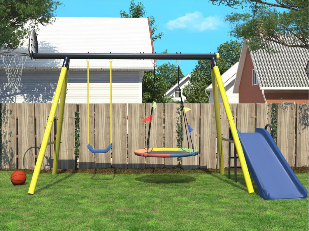 Juegos al aire libre estructura metálica - 2 columpios de altura regulable, canasta de baloncesto y tobogán - apto para niños a partir de 3 años - Amarillo