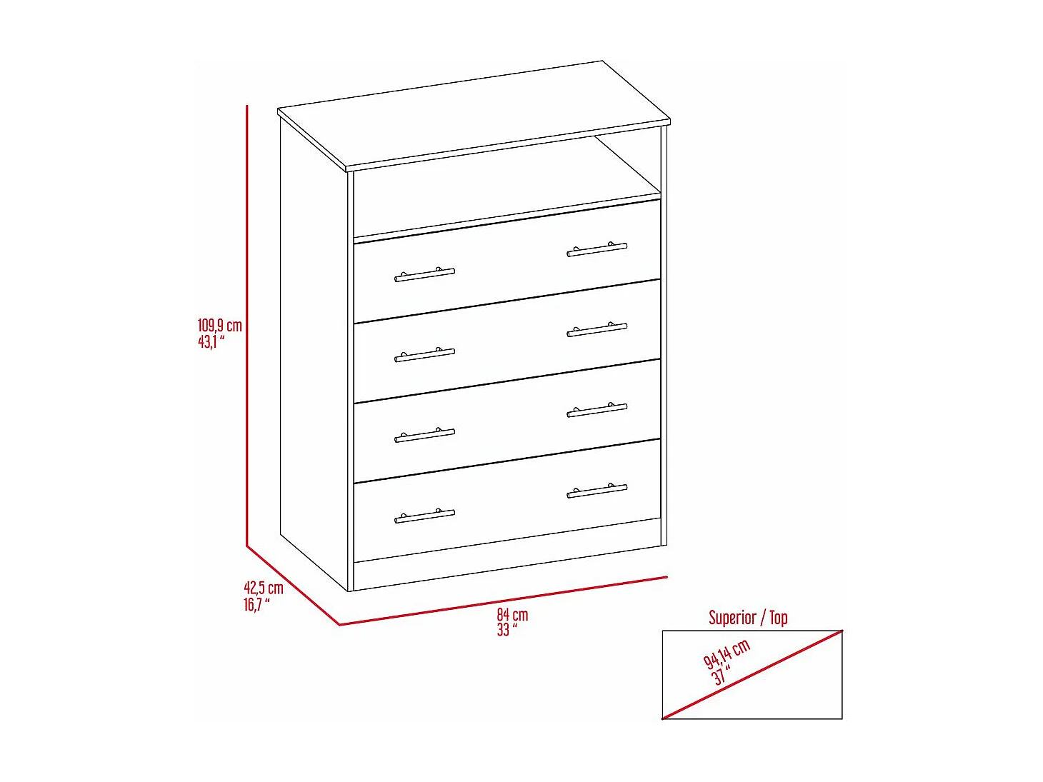 Cómoda 4 Cajones Perú con Amplio Almacenamiento Blanco