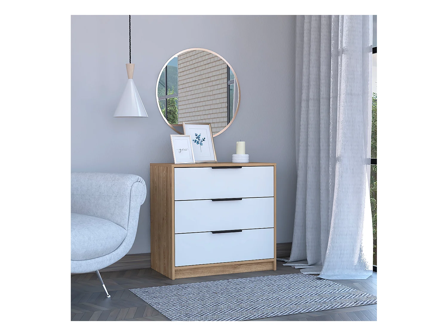 Commode 3 tiroirs Kaia, avec poignées en métal , 68.68 cm X 69.85 cm X 41.50 cm , White / Honey
