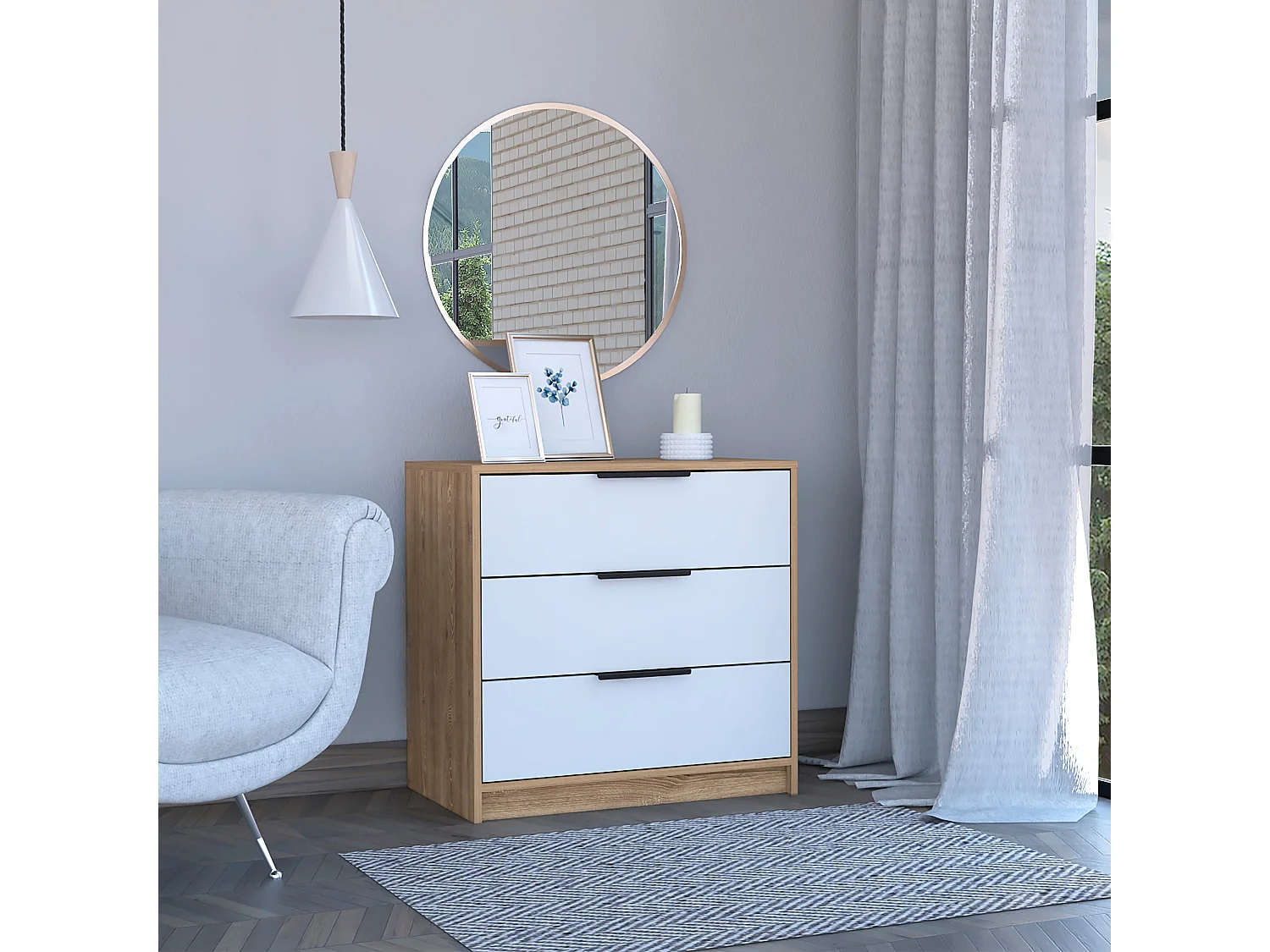 Kaia 3 gavetas, com puxadores metálicos , 68.68 cm X 69.85 cm X 41.50 cm , Branco / Mel