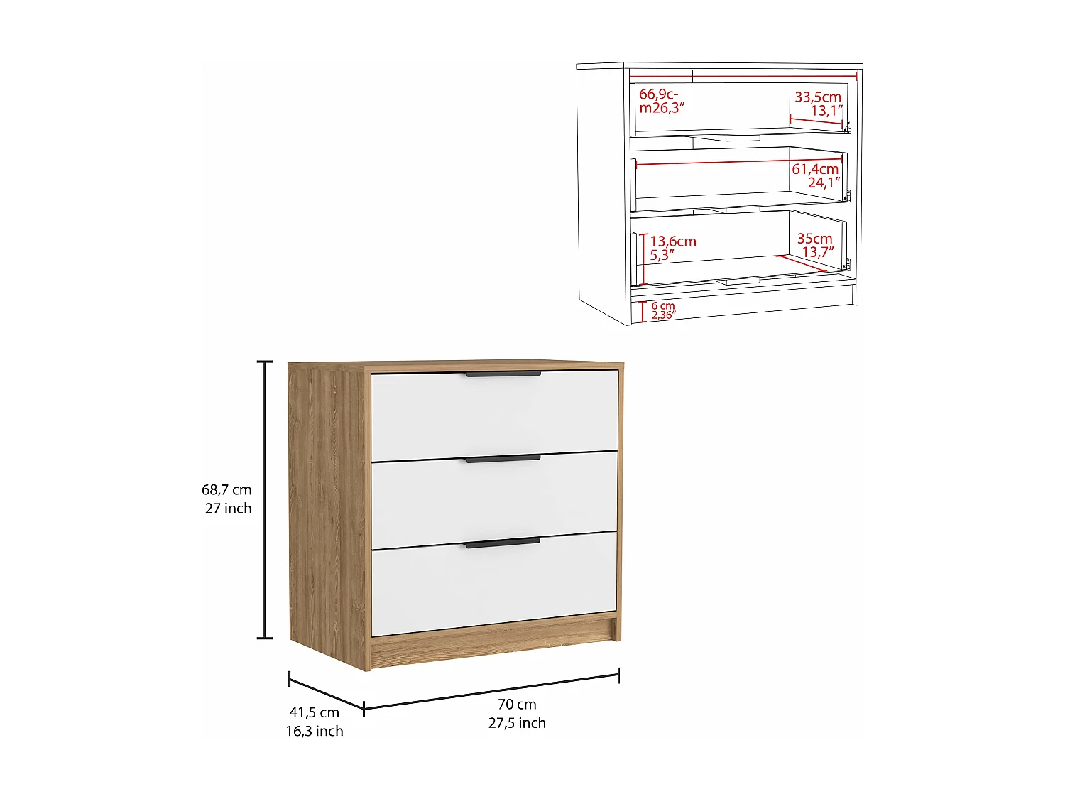 Kaia 3 gavetas, com puxadores metálicos , 68.68 cm X 69.85 cm X 41.50 cm , Branco / Mel